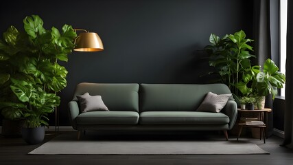 Interior of a modern living room featuring a sofa, green plants, a table, and a lamp against a dark backdrop.