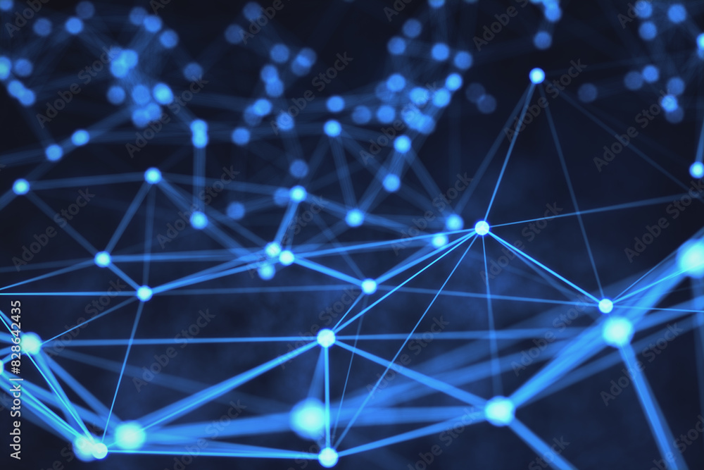 Poster Abstract network of connected lines and dots on a dark blue background, symbolizing technology and data communication. 3D Rendering