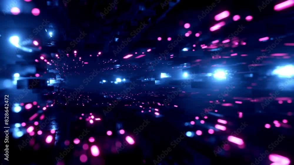 Poster flight through hi-tech technology tunnel with camera shake. neon light and fog, sci-fi constructions
