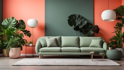 Interior of a modern living room with a sofa, green plants, a lamp, and a table against a living coral wall backdrop