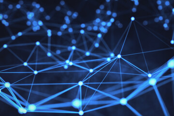 Abstract network of connected lines and dots on a dark blue background, symbolizing technology and data communication. 3D Rendering
