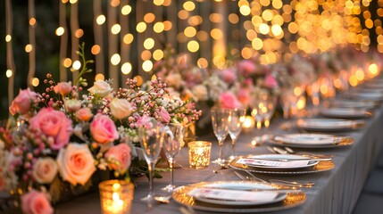 A long table was set for an elegant dinner, with silverware and crystal glasses arranged on grey linen, surrounded by soft candlelight creating a warm ambiance.