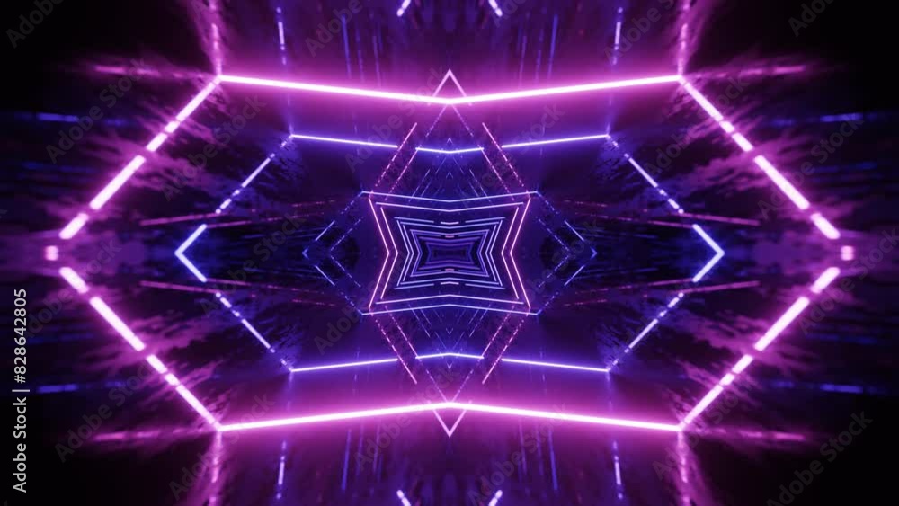 Poster 4k seamless looped animation. fly through mirror symmetrical tunnel with neon pattern, sci fi glow p