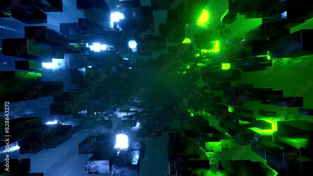 Poster flight through hi-tech technology tunnel with camera shake. neon light and mist, sci-fi construction