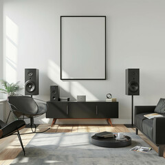 Simulated music room featuring a black frame on the front wall, offering interior design inspiration with AI generative.