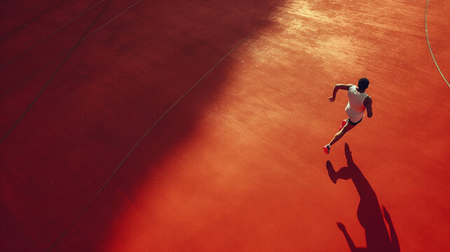 Aerial view of male athlete running on red arena track.
