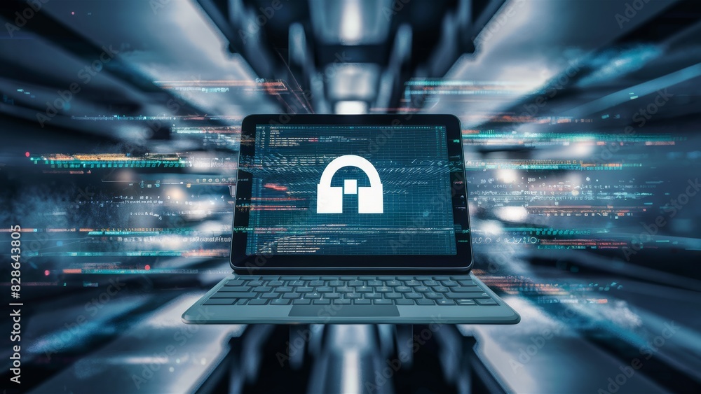 Aufkleber a laptop computer with a padlock on it in front of an abstract background, ai