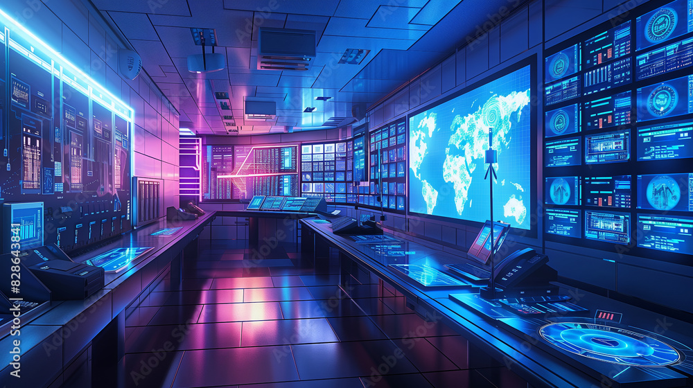 Poster a futuristic room with a large screen showing a globe. the room is filled with computers and monitor