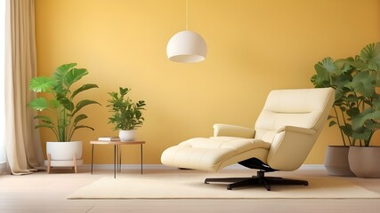 Interior of a living room with a cloth recliner, a light, a book, and plants against a blank yellow wall.3D modelwithin