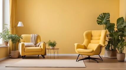 Interior of a living room with an empty yellow wall backdrop, a yellow cloth recliner, a light, a book, and plants.
