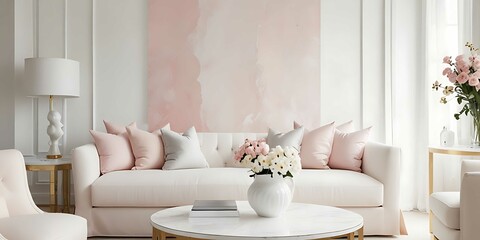Minimalist home interior design of modern living room. White sofa on wooden parquet. landscape in window Nordic home interior illustration