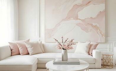 Minimalist home interior design of modern living room. White sofa on wooden parquet. landscape in window Nordic home interior illustration
