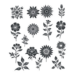 Flat design flower silhouettes and leaves floral element design vector template illustration
