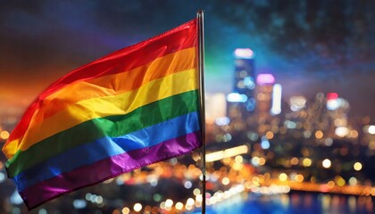 LGBT flag against the backdrop of a large night glowing city metropolis, month of queer lgbtq pride parade, June 1, fight for equal rights, homophobia tolerance