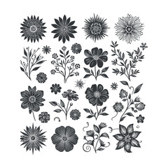 Flat design flower silhouettes and leaves floral element design vector template illustration
