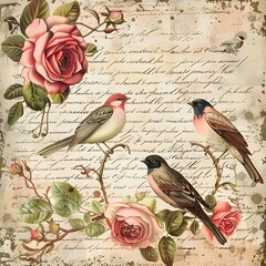 vintage background with roses and birds