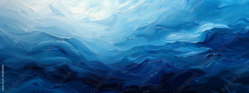 Poster an abstract painting with layers of neat lines in varying shades of blue.
