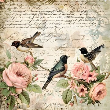 vintage background with roses and birds