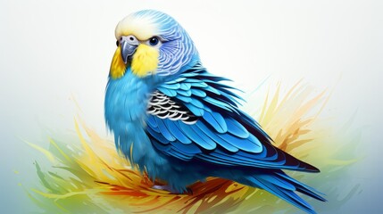 Obraz premium Capture a stunning, photorealistic budgerigar at eye-level angle, showcasing vibrant feathers and sharp details in a close-up shot