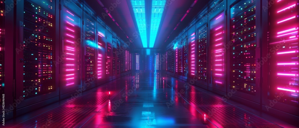Poster 3d illustration server room with server racks in datacenter banner.