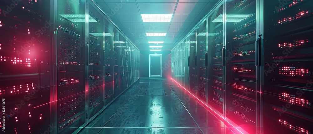 Poster 3d illustration server room with server racks in datacenter banner.
