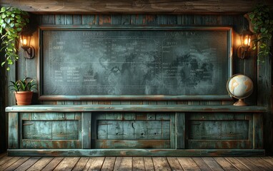 A room with a chalkboard and a potted plant