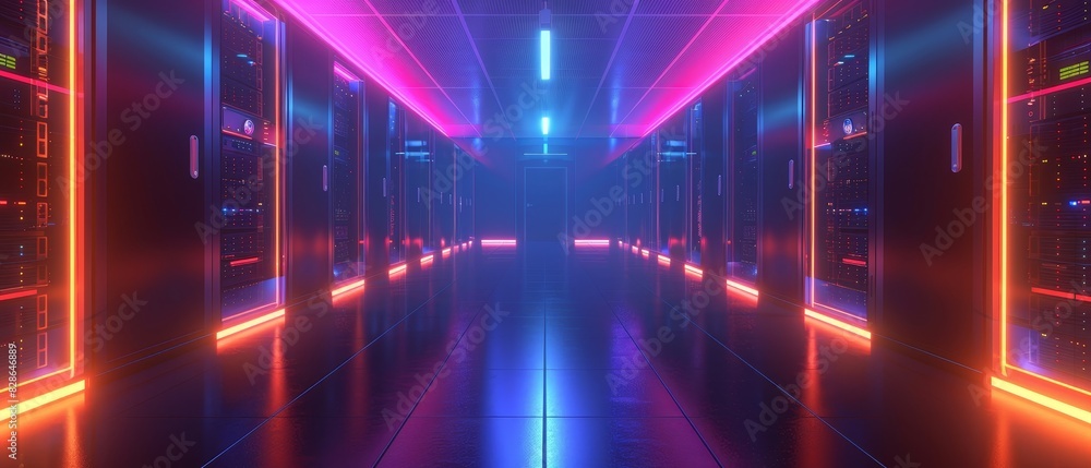Poster 3d illustration server room with server racks in datacenter banner.