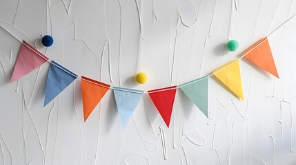 A simple, colorful paper banner with triangular flags hanging on the wall, white background, clean and minimalistic in style, with no text or letters.