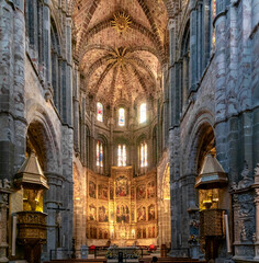 view of the central nave and altar in the Avila Cathedral