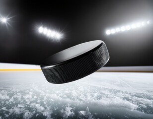 Realistic side view image of an ice hockey puck flying above the ice hockey rink surface. Snow droplets in the bakcground.