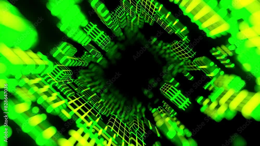 Poster flight through hi-tech technology tunnel with camera shake. neon light in mirror room, sci-fi constr