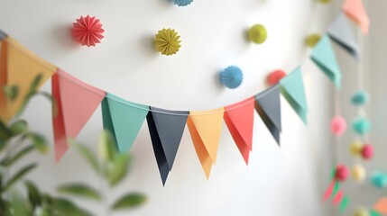 Obraz premium A simple, colorful paper banner with triangular flags hanging on the wall, white background, clean and minimalistic in style, with no text or letters.