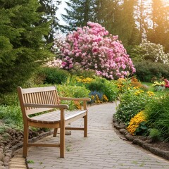 Lush Garden with flowers and a bench