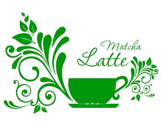 Cup of matcha latte  isolated on white background. Restaurant menu.  illustration.