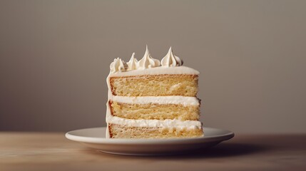 A slice of cake with white frosting on top, placed in front of a plain background. This photo was taken in the style of a professional product photographer