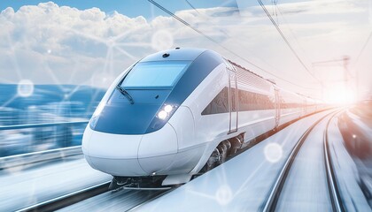 Obraz premium modern train with speed light effect, space for text. high tech transportation. Fast trip. Travel banner