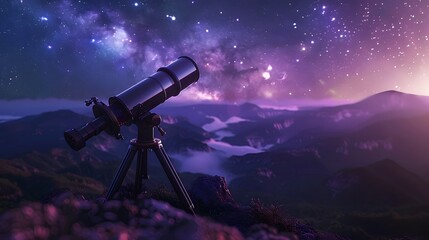 A telescope pointing towards the night sky, with stars and galaxies in view. The background is dark blue with purple hues, creating an atmosphere of mystery and wonder.
