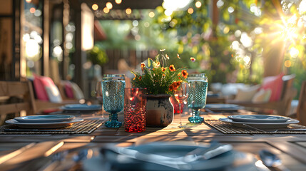 Colorful flatware and glassware accentuate the natural beauty of an outdoor table