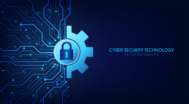 Padlock and cog wheel on printed circuit board. secure system concept with a Padlock. Cyber security technology concept abstract background futuristic Hi-tech style. Vector and Illustration.
