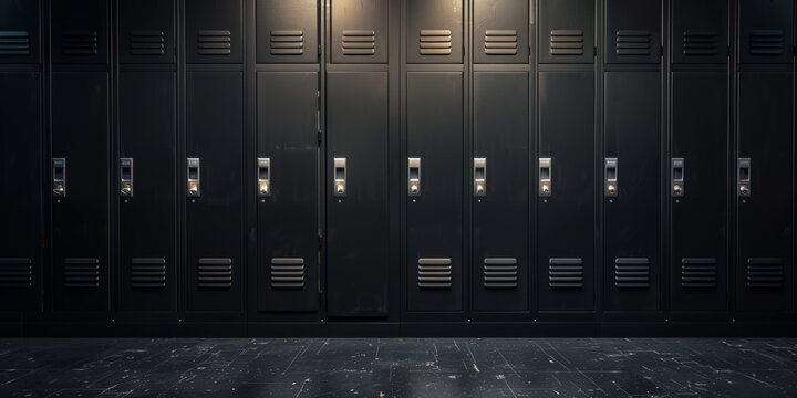Black high school lockers with open door in dark room.