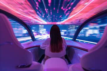 Fototapeta premium Woman enjoying a ride in a modern autonomous vehicle with a spacious interior, showcasing advanced self driving technology and urban mobility innovation
