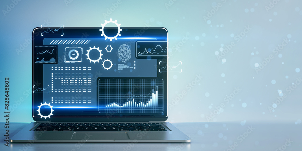Poster a laptop with futuristic interface graphics on screen, blue digital illustration on a light backgrou