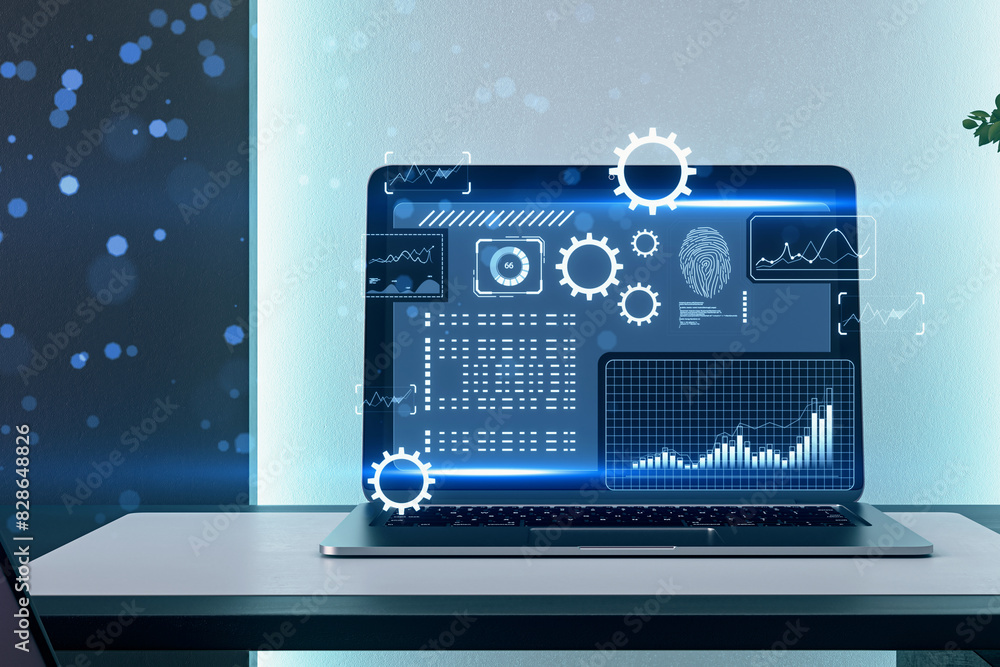 Aufkleber laptop with futuristic interface hologram, digital style, on a desk with a blue background, concept 