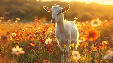 Naklejka premium A white goat stands in the middle of a field full of flowers, with its head tilted to one side and ears perpped up.