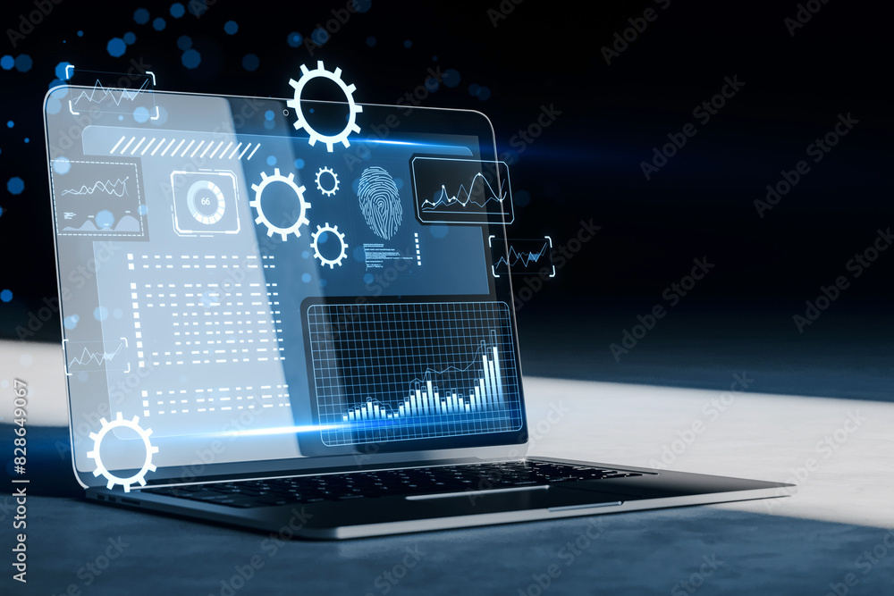 Poster Laptop with futuristic digital interface graphics overlay on a dark blue background, concept of technology and data analysis. 3D Rendering