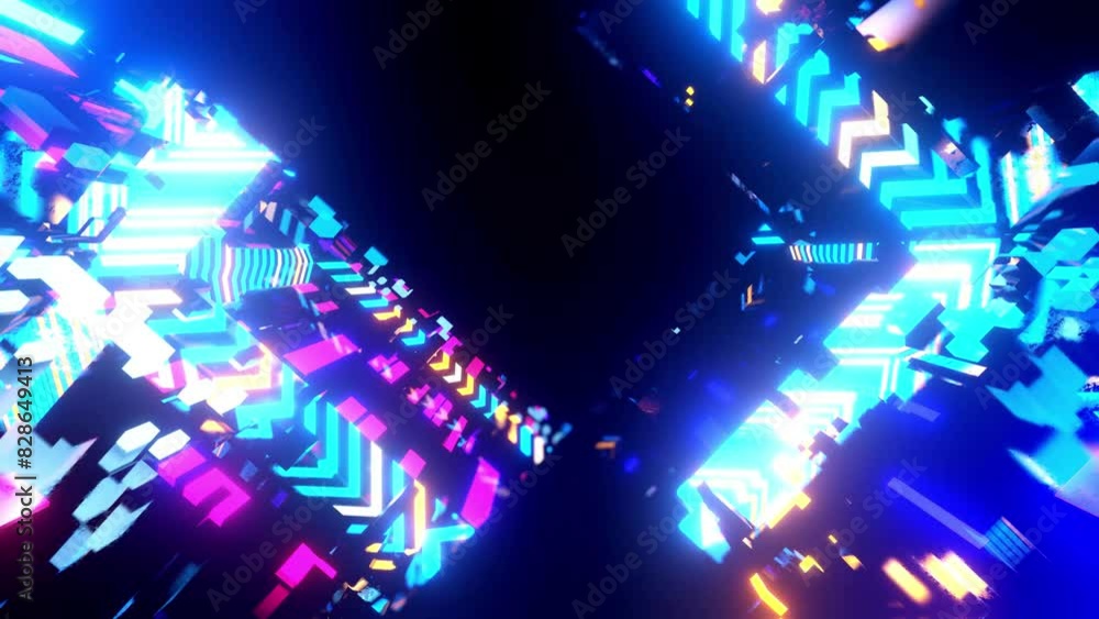 Poster flight through hi-tech technology tunnel with camera shake. neon light, sci-fi constructions, myster