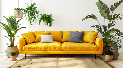 Interior of beige living room with yellow sofa and houseplants isolated on white background, studio...