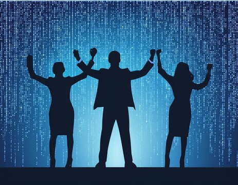 Uplifting Silhouette A group of business people in silhouette form, composed of uplifting blue matrix code, reminiscent of a movie poster.