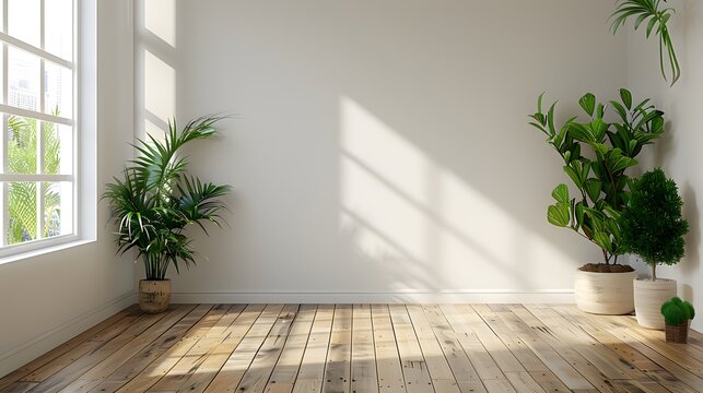 A white wall with a wooden floor, a window on the left side of the room and some plants on the right side. The room is empty and has no furniture inside.