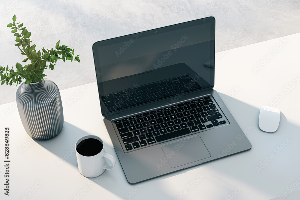 Poster laptop with blank screen on a desk, next to a vase with plant, mug, and mouse on a white background,